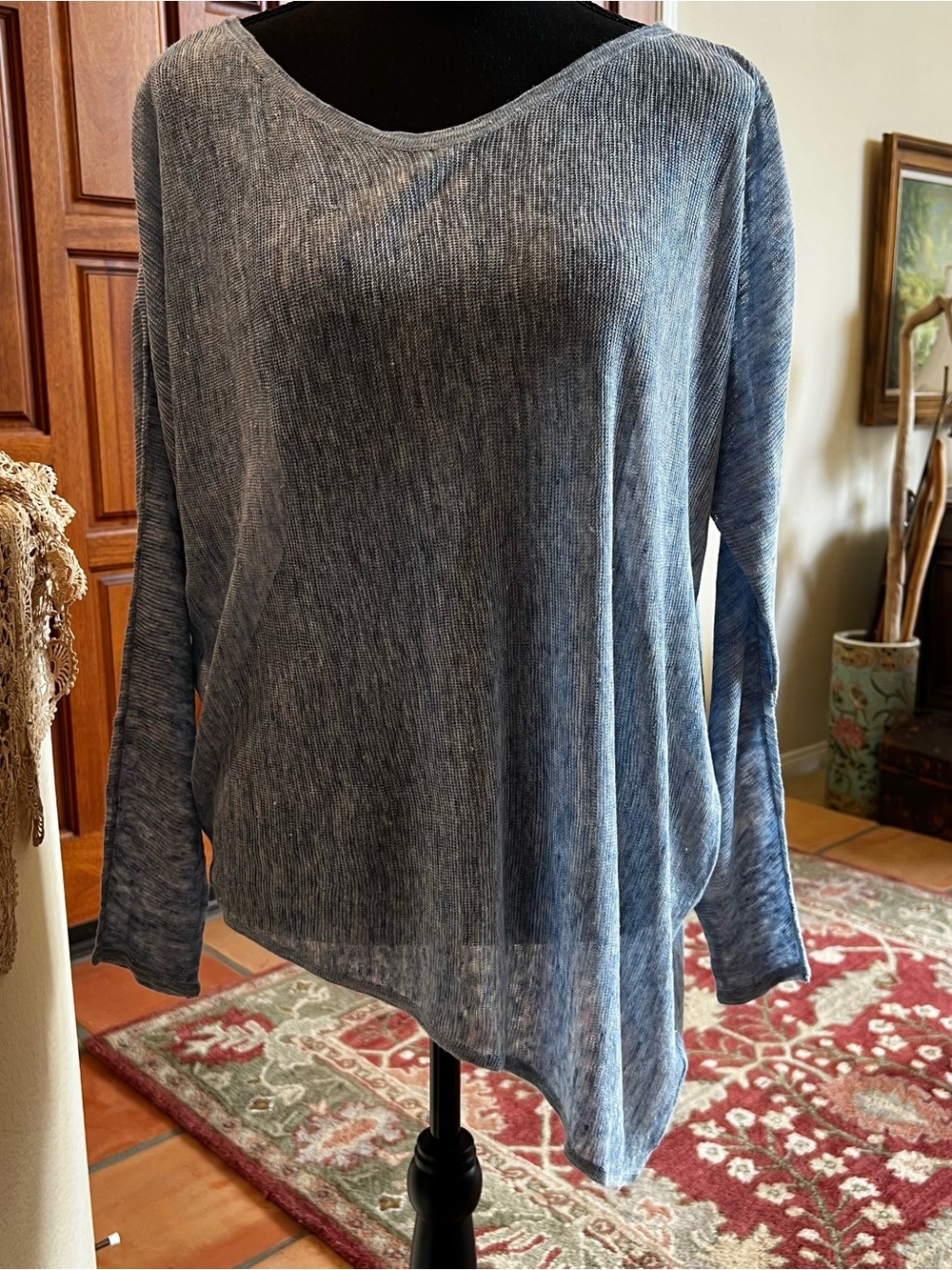 Eileen Fisher Blue 100% Linen Asymmetrical Hem Long Sleeve Top Blouse Size SP